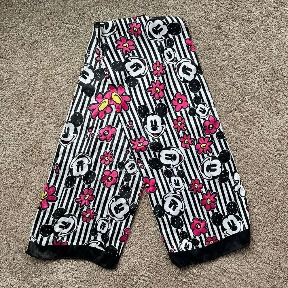 VTG Mickey Mouse Graphic Scarf Black White Pink Stripes 10x52 Disney Style